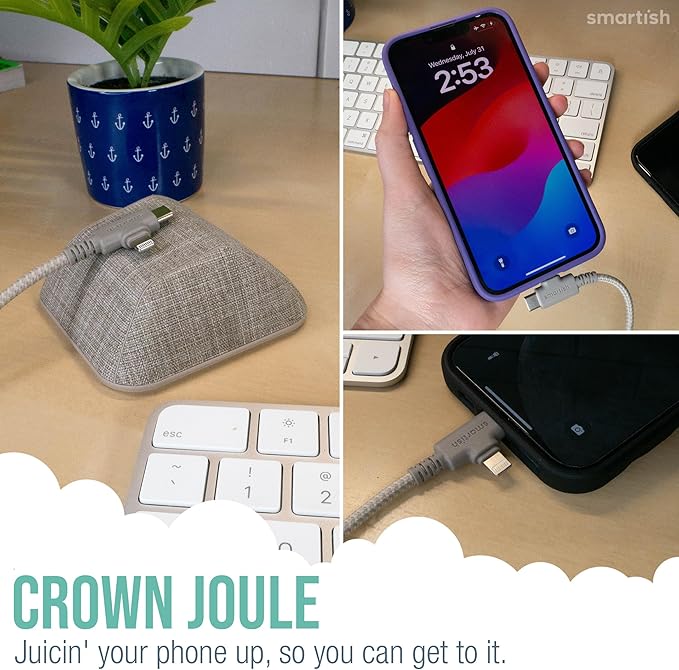 Smartish 2 in 1 USB C to USB C/Lightning Cable - Crown Joule - 6 Ft Fabric Wrapped Fast Charging Cord - for iPhone, Galaxy, Pixel - 100W Dual Fast Charger for Phones/Laptops - Lightly Toasted Beige