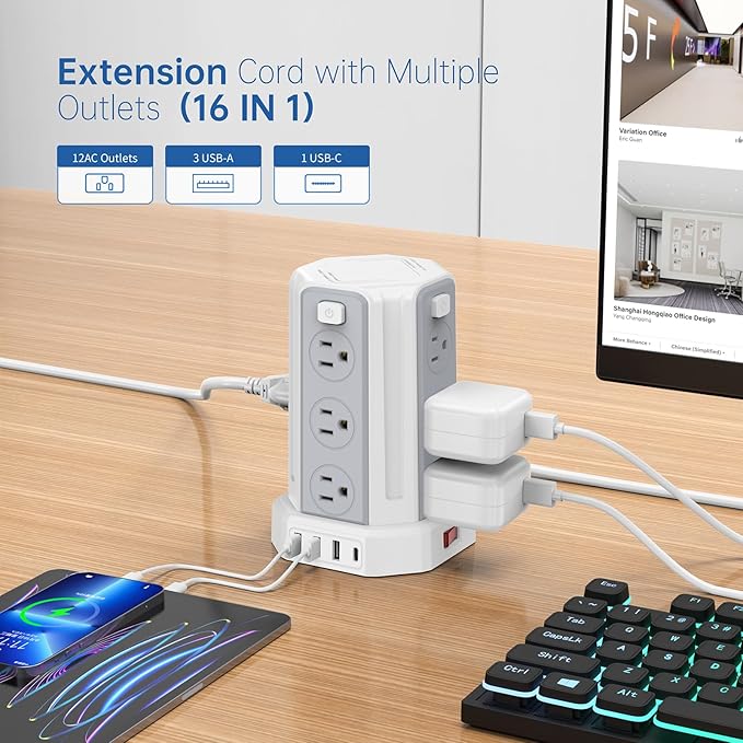 Power Strip Surge Protector, 10 Ft Extension Cord with 12 AC Multiple Outlets 4 USB (1 USB C), SMALLRT Power Tower Desktop Charging Station (White, 16.4 FT)