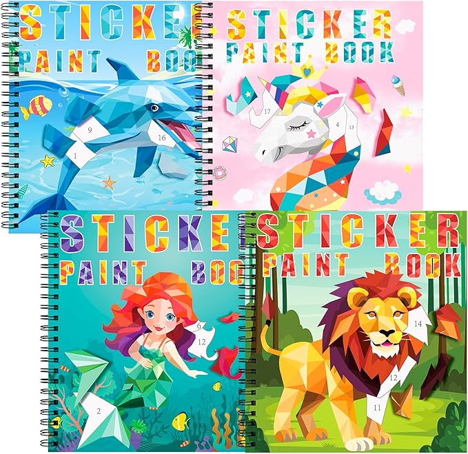 homicozy 4PCS Sticker Paint Books for Kids Ages 4-10,Unicorn Mermaid Animals Designs Paint by Stickers,Sticker by Numbers,Party Birthday Gifts for Girls 4-10,Create 40 Pictures One Stickers at A Time