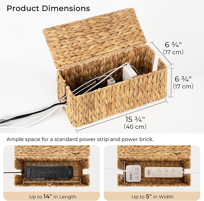 StorageWorks Large Cable Management Box, 2 Slots Wicker Cable Organizer to Hide Cords and Power Strip, Water Hyacinth Cord Hider Box for Home & Office
