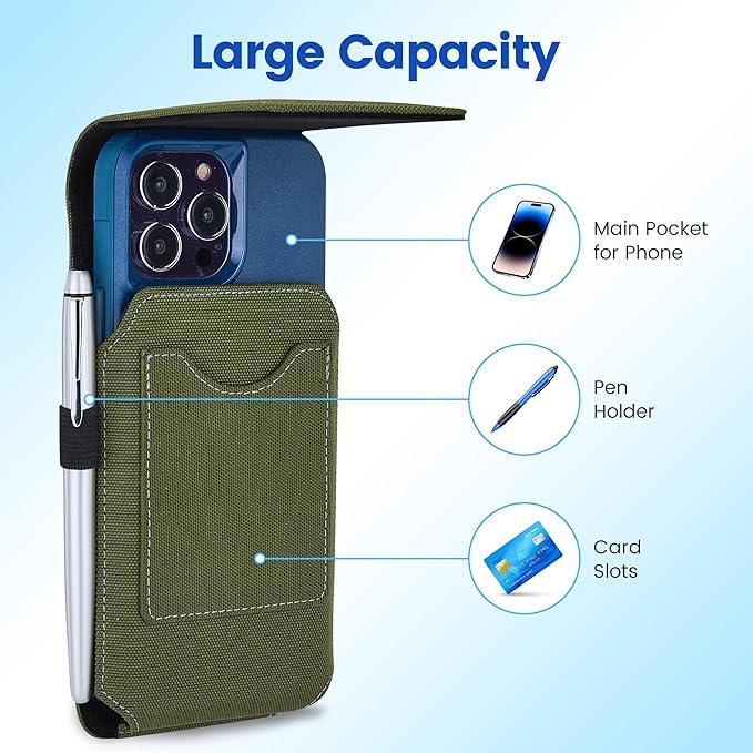 BECPLT for iPhone 17 Pro Max Air 16/15/14/13/12/11 Pro Max Nylon Cell Phone Pouch Holster Case with Belt Clip Cover Holder for Galaxy S25+ S24+ S23+ S22+ S21+ (Green)