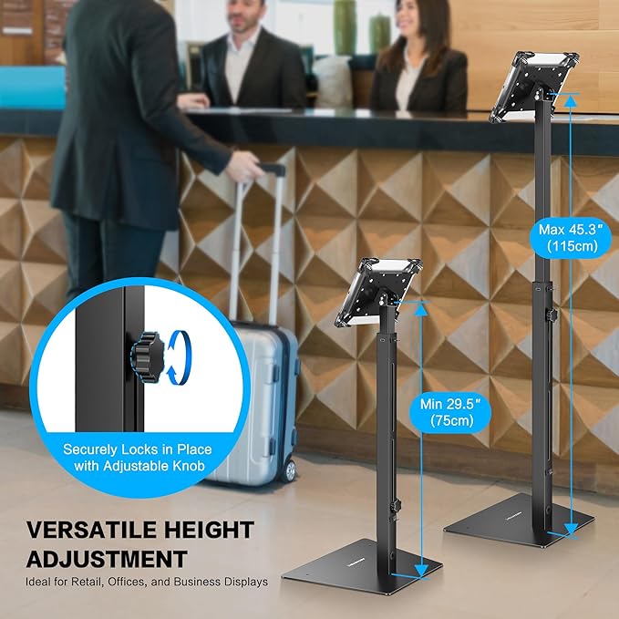 AboveTEK Security iPad Kiosk Floor Stand, Anti-Theft POS Tablet Stands for Retail Business, Height Adjustable Tablet Floor Stand, 360° Swivel Universal Locking Holder Fits 9.7"-13" iPads/iPad Pro/Air
