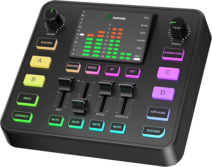 Pupgsis Gaming Audio Mixer, Audio Interface, Sound Board With Pro-Preamp, Noise Cancellation, RGB, Bluetooth, Volume Fader For Streaming/Podcasting/Gaming Maonocaster/Content Create, 6.35mm