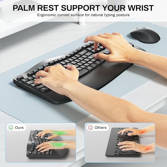 Wireless Keyboard and Mouse Combo,2.4G Full Size Wave Keys Ergonomic Keyboard with Wrist Rest for Natural Typing, 3 DPI Adjustable Ergonomic Silent Mouse for Computer/Laptop/Windows/Mac (Grey)