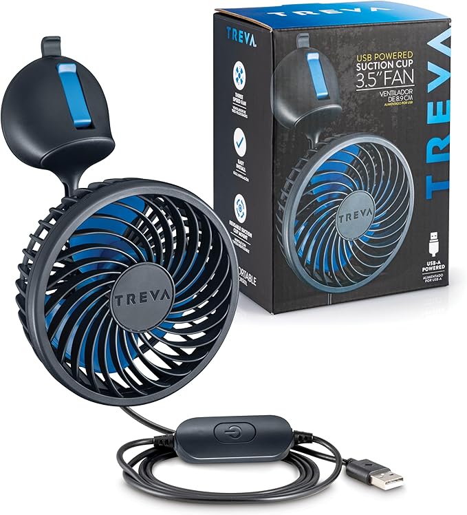 Treva 3.5 Inch USB Powered Fan with Suction Cup, 3 Speed Attachable Fan with Rotating Head for Car, Camping, Travel, Bedroom, Multi-Directional Rotating and Adjustable Head (Black)