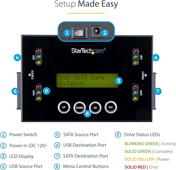 StarTech.com 1:1 Standalone Hard Drive and USB Thumb Drive Duplicator/Eraser, USB Flash and SATA HDD/SSD Disk Cloner/Copier and Wiper, Toolless Sanitizer, LCD Display, TAA Compliant (SU2DUPERA11)