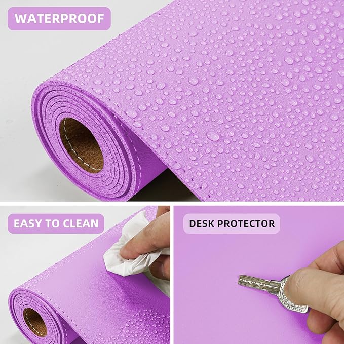 Leather Desk pad Protector, Large Desk mat with Natural Cork & PU Leather,Mouse pad,Non-Slip Office Desk Mat,Waterproof Desk Writing Pad for Office and Home (47in*17in, Purple)