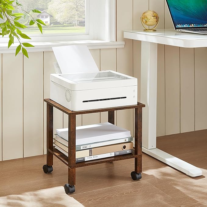 2 Tier Printer Stand with Storage,Under Desk Shelf Printer Table, Rolling Printer Cart for Office,Home,Brown