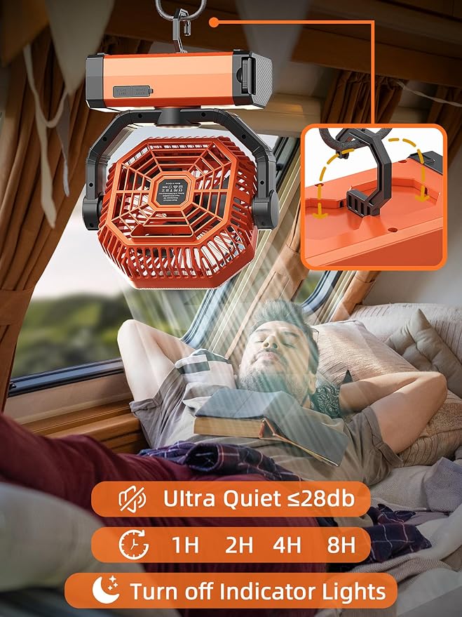 Battery Powered Fan - 9-Inch Rechargeable Fan Portable, 20000mAh(60Hrs) Camping Fans for Tent, Auto Oscillation Cordless, Tent Fans for Camping with Remote/light, 4 Speeds, 4 Timing, Outdoor