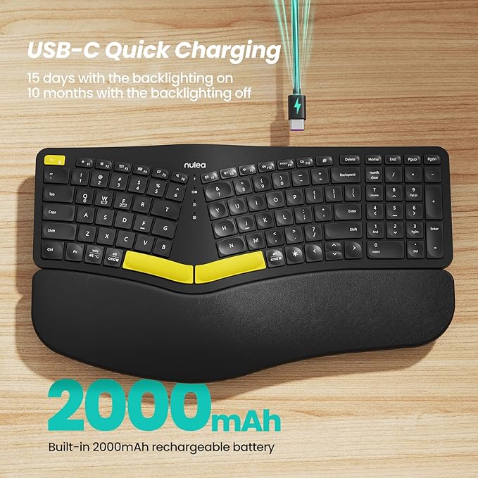 Nulea Wireless Ergonomic Keyboard, Split Keyboard with Wrist Rest, USB-C Charging, 7-Color Backlight, Natural Typing, Bluetooth and USB Connectivity, Compatible with Windows/Mac