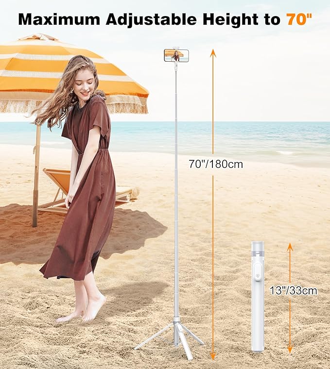TONEOF 70" Automatic Tripod,Auto-Open Phone Stand with Magnetic Rechargable Remote,Selfie Stick 360° Vertical & Horizontal Rotatable,Stable Travel Tripod for iPhone/Android(White)