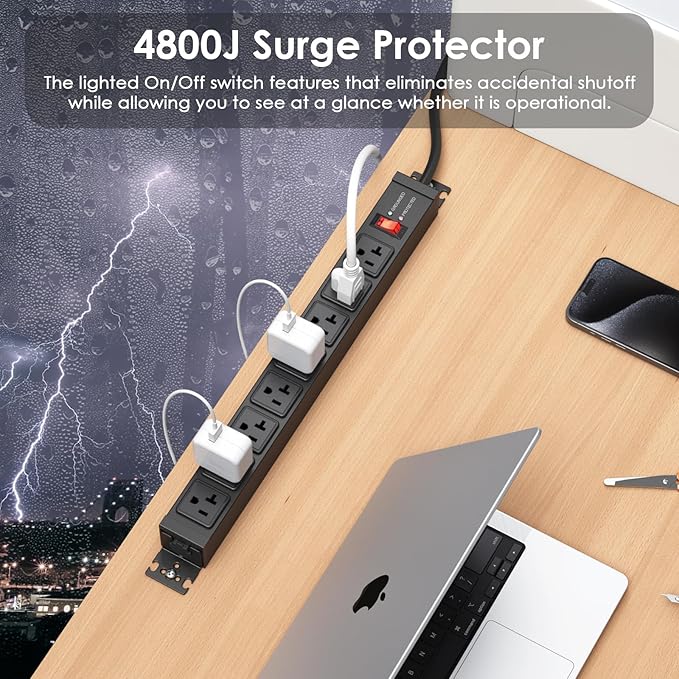 JUNNUJ 20 Amp Power Strip Heavy Duty 2 Pack, 4800J Surge Protector Metal Power Bar Multi Angle Mount, 20A Garage 8 Outlet Shop 6-20R T-Slot, 5-15P Adapter 12 Gauge Extension Cord 15 ft for Appliance