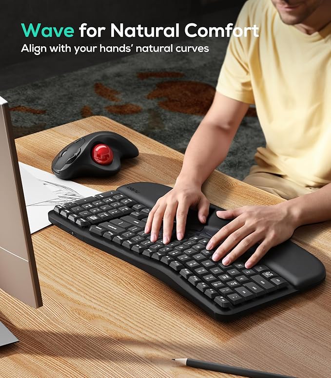 Nulea RT08 Wave Keys Wireless Ergonomic Keyboard with Cushioned Palm Rest, 2.4GHz Ergo Cordless USB Computer Keyboard, Comfortable Natural Typing, for Laptop, Mac, Windows Black