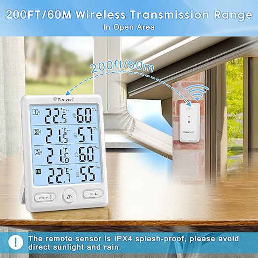 Geevon Indoor Outdoor Thermometer Wireless, 5-Inch Display Digital Hygrometer Thermometer Temperature Humidity Monitor with 3 Remote Sensors and Backlight, Battery-Powered(White)