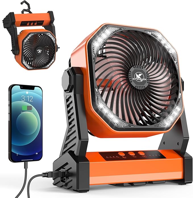 KITWLEMEN 20000mAh Battery Powered Camping Fan - 58H Max Cooling, Rechargeable Battery Operated Desk Fan with 4 Speeds, Bright Light & Hanging Hook, Portable for Tent Outdoor Hurricane Power Outage