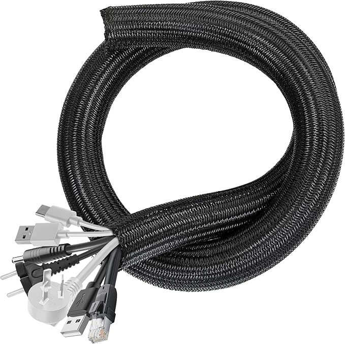 Cable Management Sleeves 1in - 2 Pack 4.1ft Split Braided Cable Sleeve Black, Hard PE Cord Protectors from Pets, Wire Organizers for Cords, Flexible Cord Wrap Wire Sleeve for Computer Cord Organizer
