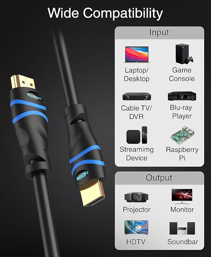 BlueRigger 8K HDMI Cable (3FT - 5 Pack, 8K 60Hz HDR, 4K 120Hz, High Speed 48Gbps with Ethernet, eARC, 3D, HDCP 2.3) - Compatible with PS5, Xbox, Roku, Apple TV, Switch, PC