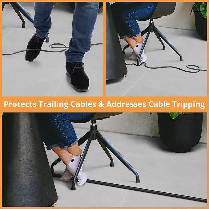 12ft Cord Cover Floor for Extension Cords, Self-Adhesive Floor Cable Cover to Protect Cables & Prevent Tripping, PVC Cord Hider Protector, Internal Wire Management Channel Diameter: 0.39", Black