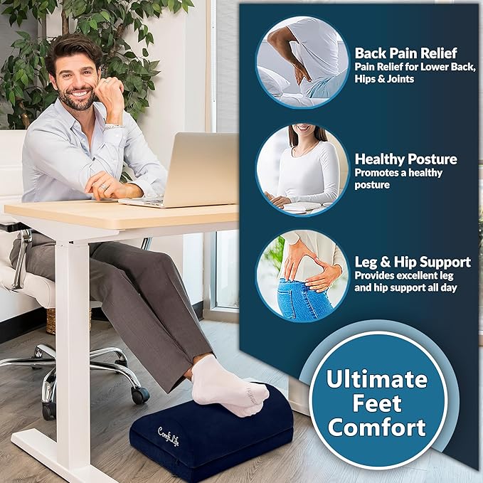 ComfiLife Foot Rest for Under Desk at Work – Adjustable Desk FootRest for Office Chair, Gaming Accessories – Ergonomic Teardrop Design for Back, Hip & Leg Pain Relief – 100% Memory Foam (Navy)