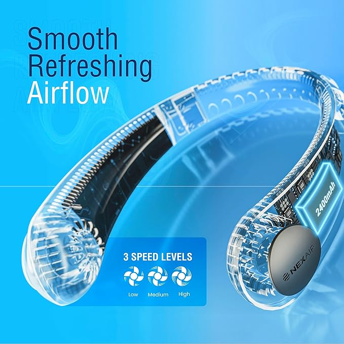 Portable Neck Fan -3 Speed Rechargeable Bladeless Neck Cooler, Quality Comfortable Lightweight, Personal Neck Fan For Women & Men Modern Design, Great Cooling Fan For Travel, Outdoors & Sports