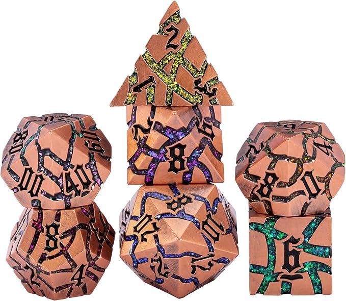 DND Metal Dice Set,7PCS Crack Glitter Metallic Dice with Gift Box,Polyehdral Dice Set for Dungeons and Dragons (Antique Red Copper 7 Colors)