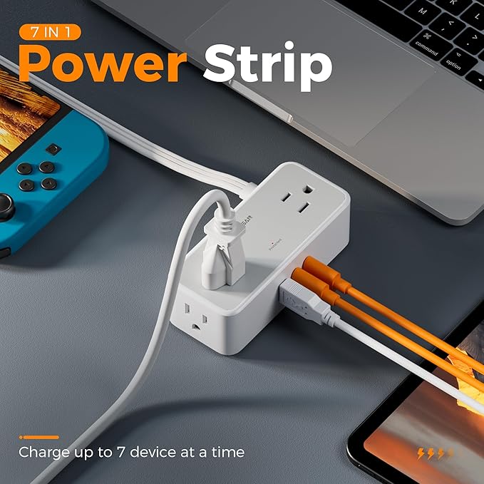 Flat Plug Extension Cord 5 FT, TESSAN Surge Protector Power Strip with 4 AC Outlets 3 USB Ports(2 USB C), 900 Joules Protection, Suitable for Home Office Dorm, Desk Organizers and Accessories
