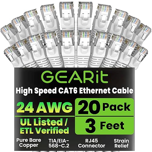 GEARit Cat 6 Ethernet Cable (20-Pack 3 Feet) Cat6 Network Patch, 10Gbps, RJ45, Snagless Cord, Gold-Plated Connectors, Internet for PC, TV, Tablet, Router, Printer, Servers, IT Data Center - White