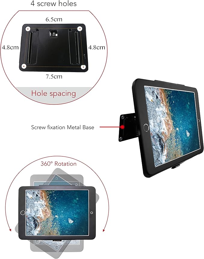 On Wall Mount Bracket for iPad 9.7" (6th, 5th Gen, Air 1 & 2, Pro), Anti-Theft Lock, Rotate Design, Multi-Angle, Metal (Black)