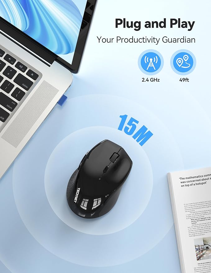 TECKNET Wireless Mouse Rechargeable,Mouse for Laptop Computer,2.4G USB Computer Mice Wireless,6 Button 6400 DPI Ergonomic Silent Mice,Portable Cordless Travel Mice-Wide Compatibility