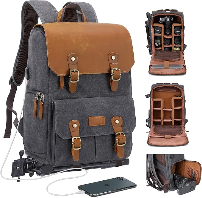 JAEP Camera Backpack - Weather Resistant 16 Ounces Waxed Memory Canvas – DSLR SLR Backpacks with 15.6” laptop sleeve compartment and Tripod Holder for Photographers -Vintage leather Style (Dark Grey)