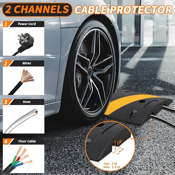 Heavy Duty Speed Bumps for Driveway, 84" Rubber Speed Bumps, 2 Channel Modular Traffic Speed Bump Hump Cable Protector Ramps for Asphalt Concrete Gravel Driveway Road with 2 End Caps, 6 Bolt Spikes