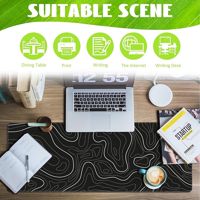 Desk Mat,Black Topographic Contour Map Desk Pad,Topographic Contour Large Gaming Mouse Pad for Desk,Extended Big Computer Keyboard Mouse Pad with Non-Slip Base and Stitched Edge,31.5"x11.8"