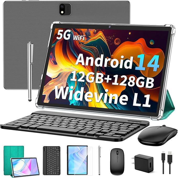 Android 14 Tablet with Keyboard, 12GB RAM (6+6), 128GB Storage, 1TB Expandable, 8000mAh Battery, 10 Inch 2-in-1 Tablets, Includes Case, Mouse & Stylus（Green）