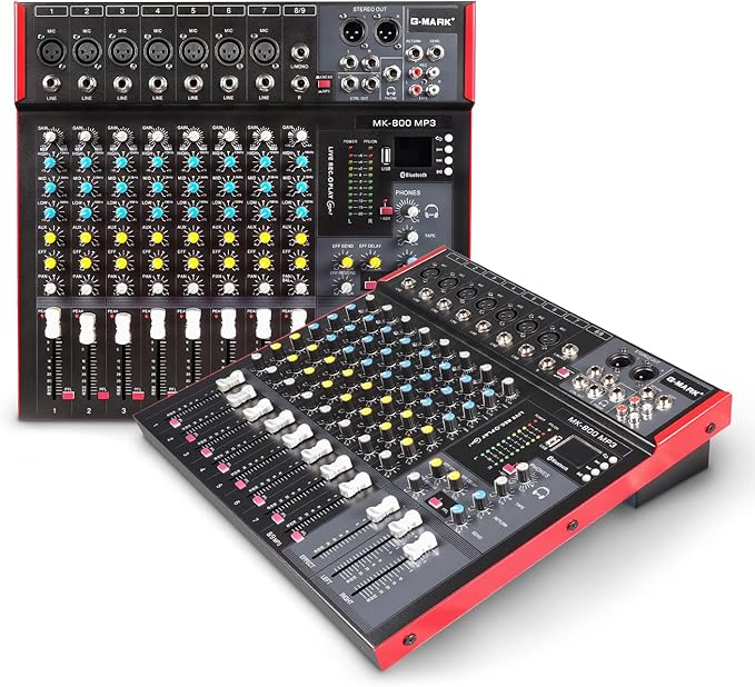 G-MARK MK800MP3 Professional Audio Mixer Sound Board 8 Channels Mixing Console with MP3 Player +48V Phantom Power Digital USB Bluetooth Reverb DJ Mixer Audio for PC Karaoke Stage Studio Recording