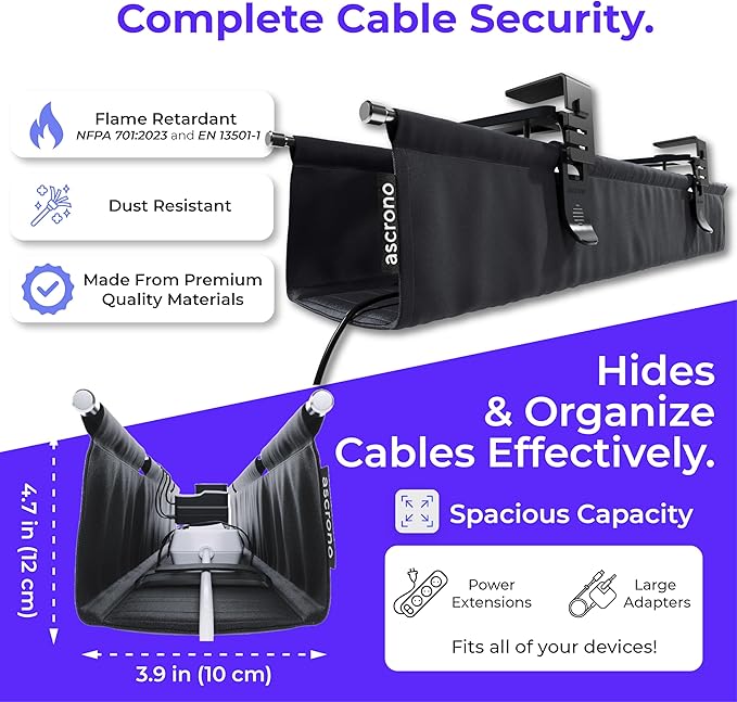 Ascrono Original No Drill Under Desk Cable Management Tray 14.1" - Premium Black Fabric Cable Management Under Desk - Clamp/Screw Mount Cord Organizer - Supports Upto 66lbs