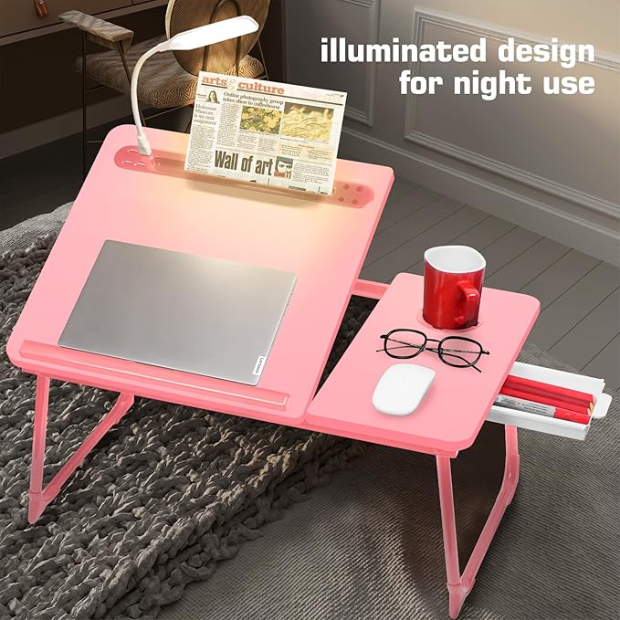 CloudTrip Plus XL Adjustable 17in Laptop Desk with Light, USB Port, iPad Holder, Drawer Storage - Larger 23.6IN Adjustable Lap Desk for Bed, Home Office, Breakfast Tray, Fordable Legs Desk (Pink)