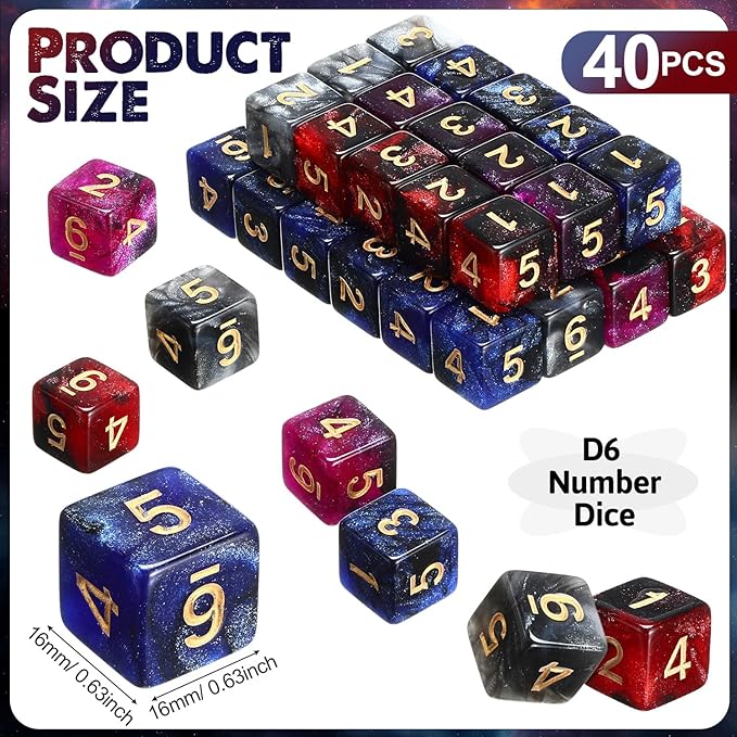 Poen 40 Pcs 16mm Dice Set Bulk, 6 Sided Standard Colored Dices with Numbers, D6 Polyhedral Games Dice for Board Games, Parties (Vibrant Color)