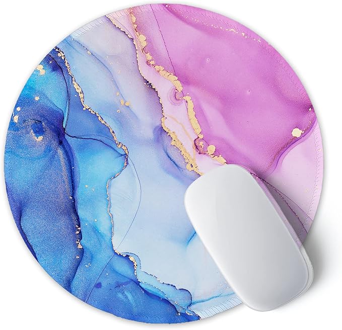 ITNRSIIET Round Mouse Pad with Stitched Edge Premium-Textured Waterproof Non-Slip Rubber Base Desktop Protection Mat Diameter 8.7 inches, Blue Purple Marble Art