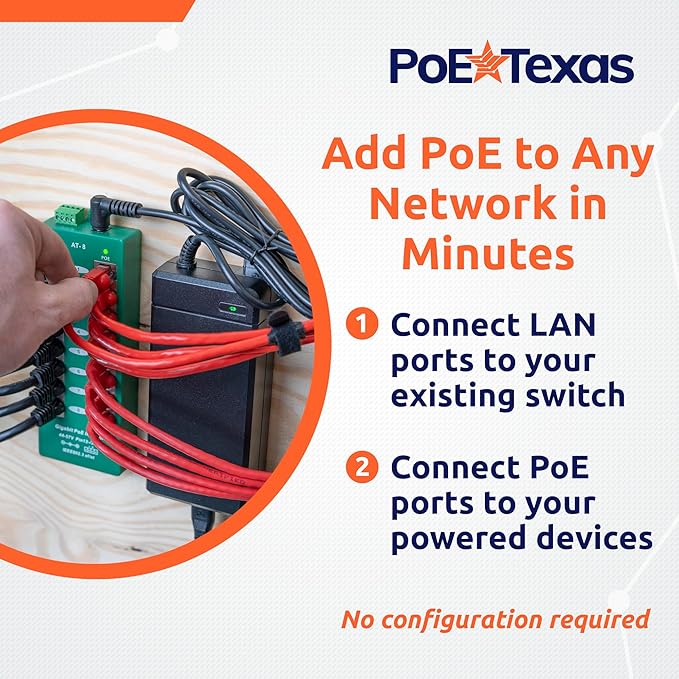 PoE Texas 8 Port PoE/PoE+ Active Mode A Injector with 56V 120W Power Supply - Add PoE+ to Any Switch or Router - 802.3at/af Compliant PoE Midspan for WiFi Access Points, IP Cameras, VoIP Phones