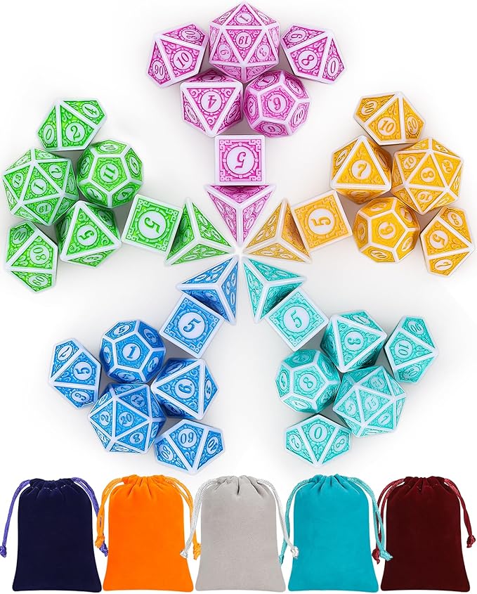 CiaraQ DND Dice with 5 Pouches, 5 Sets of Retro Polyhedral Dice for MTG D&D Board Games, 35 Pieces Role Playing Dice