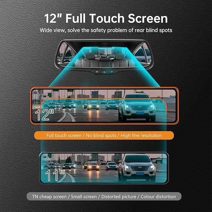 12" 4K UHD Mirror Dash Cam Front and Rear with Zoom Backup Camera, 2160P Dual Rear View Mirror Camera for Cars & Trucks, 64GB Card Included, GPS, WDR, Super Night Vision, Parking Assist & G-Sensor