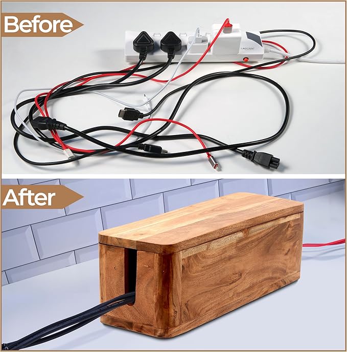 Large Cable Management Box - Acacia Wood - Cable Organizer Box and Power Strip Box for Electrical Cord Management - Hide Desk Cord and Floor Cables - Wire Storage and Organization for Cords