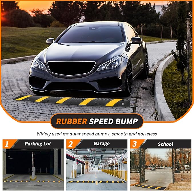 Heavy Duty Speed Bumps for Driveway, 84" Rubber Speed Bumps, 2 Channel Modular Traffic Speed Bump Hump Cable Protector Ramps for Asphalt Concrete Gravel Driveway Road with 2 End Caps, 6 Bolt Spikes