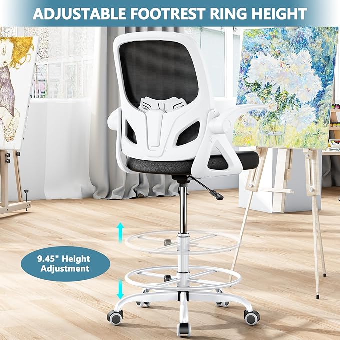 Tall Drafting Chair with Footrest Ring for Home and Work, Ergonomic Home Desk Office Chair with Flip up Arms and Lumbar Support, Extended Height Executive Desk Office Chair(White)