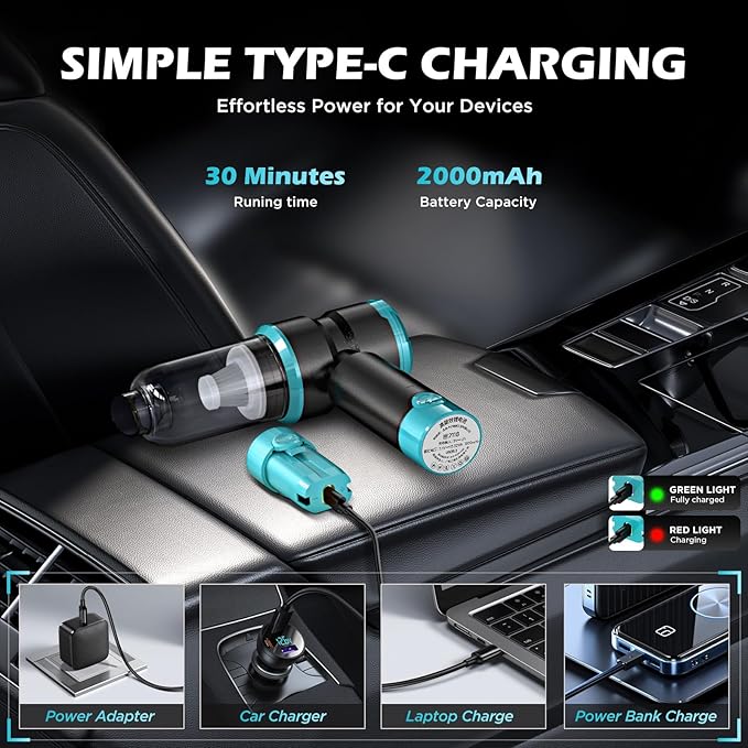 Handheld Car Vacuum with 15000PA Power, 4 in 1 Small Powerful Cordless Vacuum Cleaner & Air Duster with 2000mAh Battery, Rechargeable Portable Mini Hand Held Vacuum for Car, Home,Office,Pet Hair（Blue）