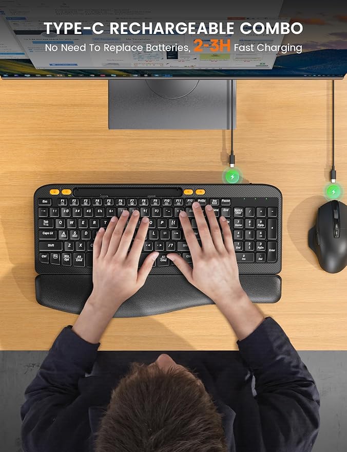 Wireless Keyboard and Mouse Combo, Ergonomic Wave Keys, Cushioned Plam Rest, Rechargeable, Phone Holder, Natural Typing, 2.4G Lag-Free, Full Size Keyboards Cordless Set for Windows/Mac -SABLUTE