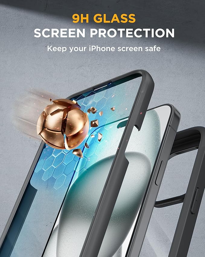 Miracase Glass Series Designed for iPhone 15 Plus Case 6.7',Full-Body Military Drop Proof 15 Plus Phone Case Cover with Built-in 9H Tempered Glass Screen Protector,Black