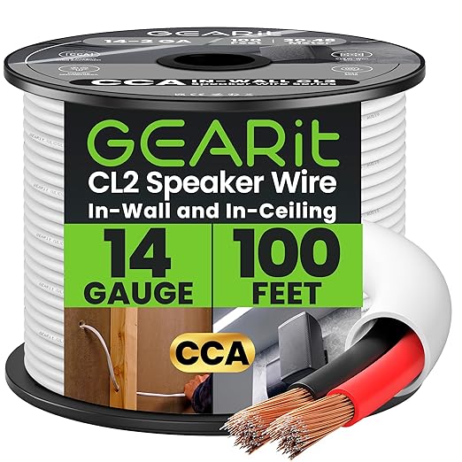 GearIT 14/2 Speaker Wire (100 Feet) 14 Gauge (Copper Clad Aluminum) - Fire Safety in Wall Rated Audio Speaker Wire Cable / CL2 Rated / 2 Conductors - CCA, 100ft