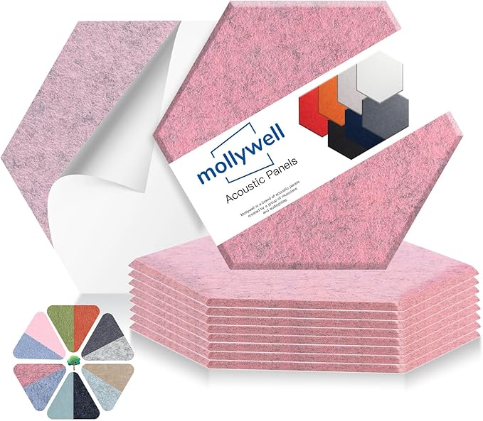 Mollywell Hexagon Acoustic Panels, High Density, Soundproofing, Decorative Noise Reduction Felt Wall Tiles for Ceilings, Home Office & Gaming Room (Smoky Pink), 14x12x0.4 Inch