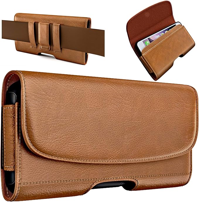 Case for Large iPhone Plus, Pro Max 16 15 14 13 12 11 Xs, Samsung Galaxy S25+ S24+ S23+ S22+ S21+, Cell Phone Belt Holster Clip, ID Card Holder Pouch, Fits Otterbox Case - Brown
